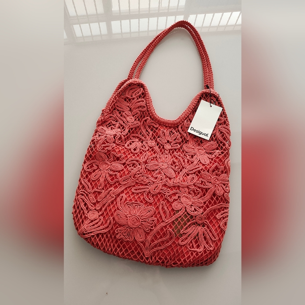 UPDATE SOLD !!Desigual Orange Crochet Shoulder Bag with Embroidered Design